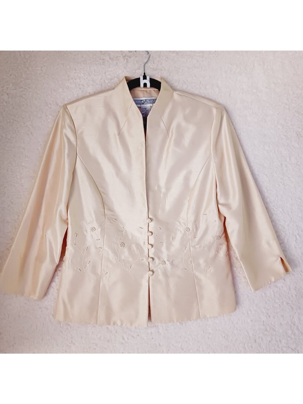 Jacket Women Jessica Howard Ivory Pearls Embroidery Cloth Covered Buttons Size 8